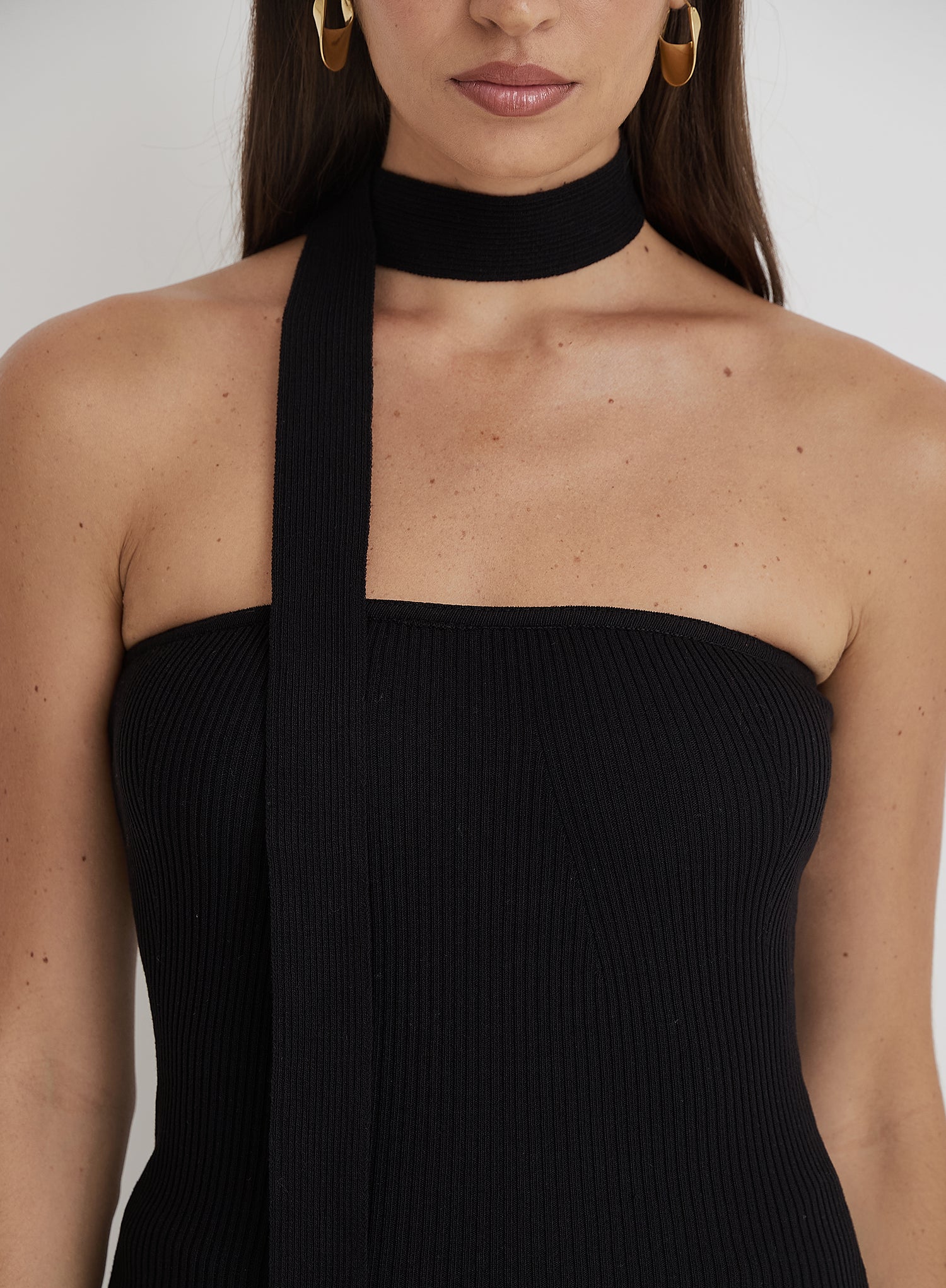 Black Ribbed Knit Bandeau Scarf Top